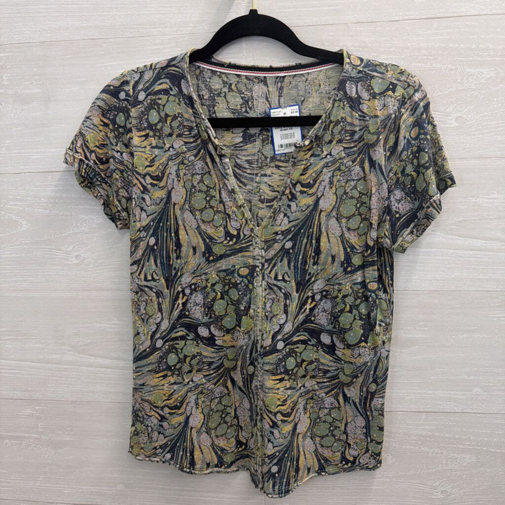 Pilcro Blue/ Green Print Short Sleeve Top Extra Small