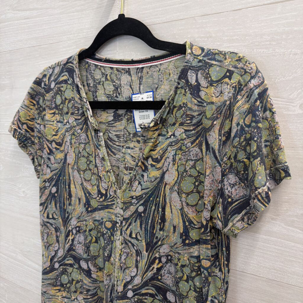 Pilcro Blue/ Green Print Short Sleeve Top Extra Small
