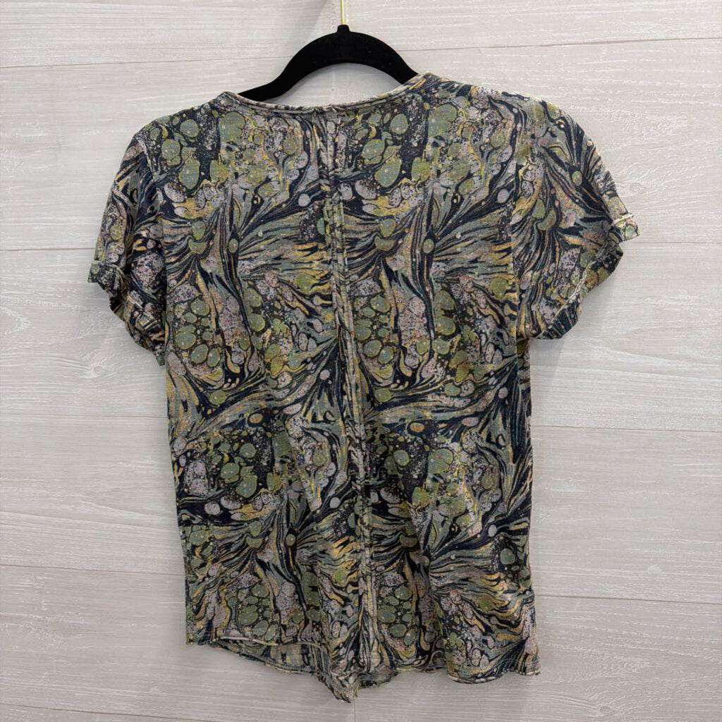 Pilcro Blue/ Green Print Short Sleeve Top Extra Small