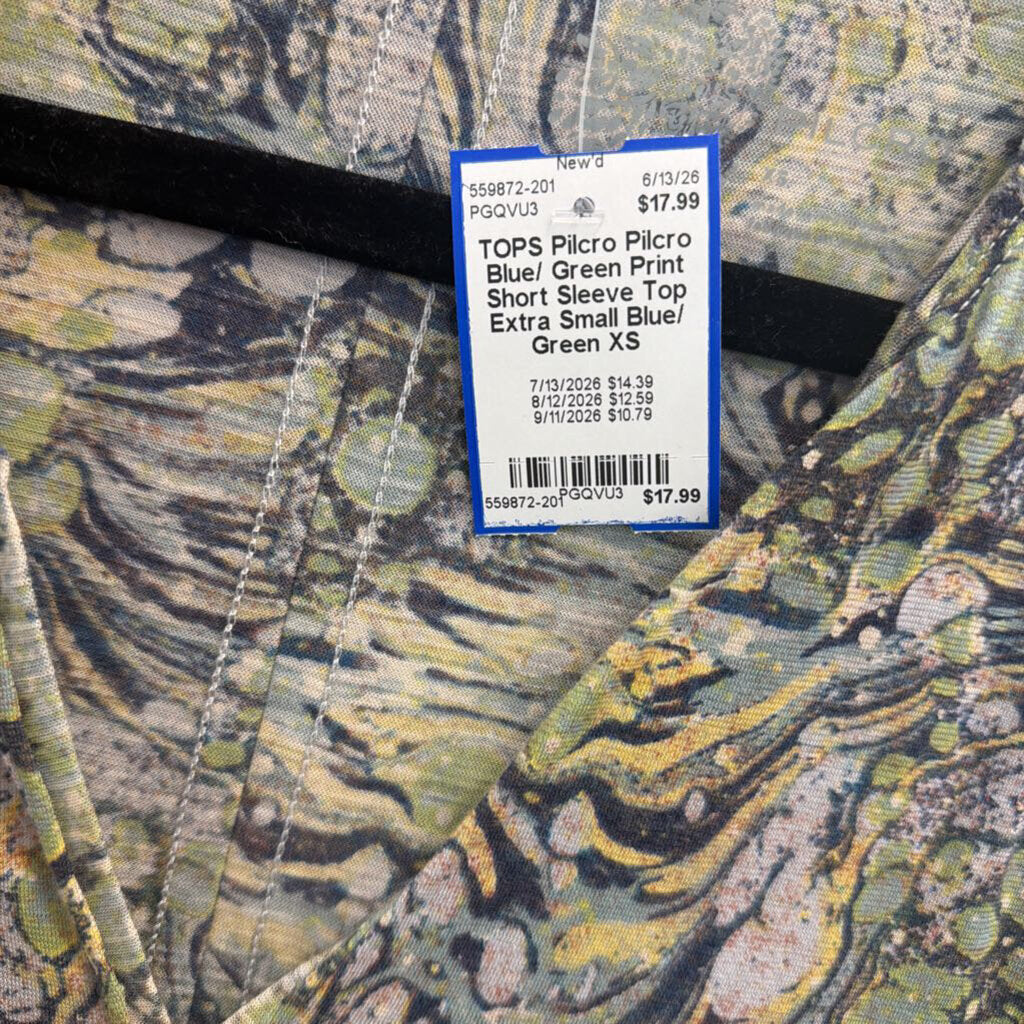 Pilcro Blue/ Green Print Short Sleeve Top Extra Small