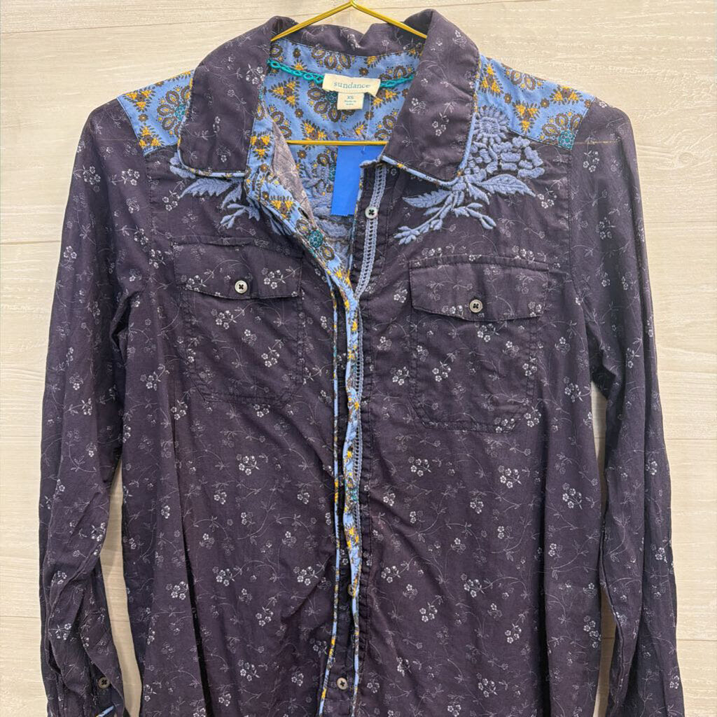 Sundance Navy Print Long Sleeve Button Down Top Extra Small