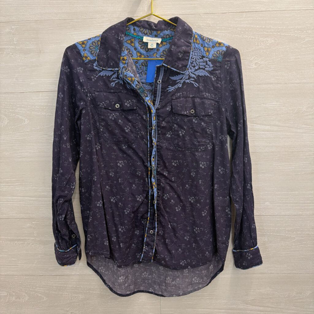 Sundance Navy Print Long Sleeve Button Down Top Extra Small