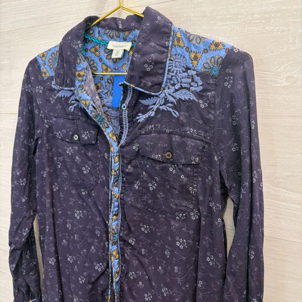 Sundance Navy Print Long Sleeve Button Down Top Extra Small