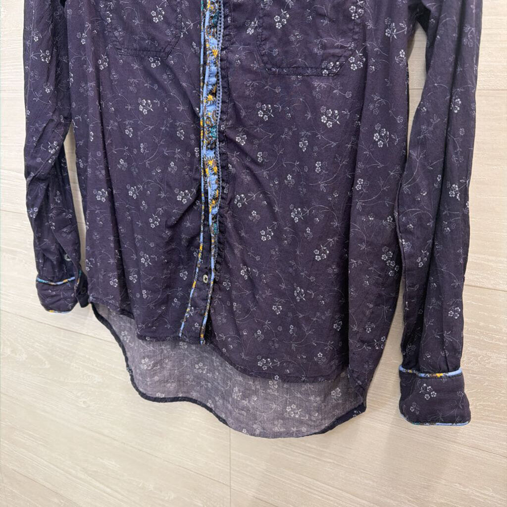 Sundance Navy Print Long Sleeve Button Down Top Extra Small