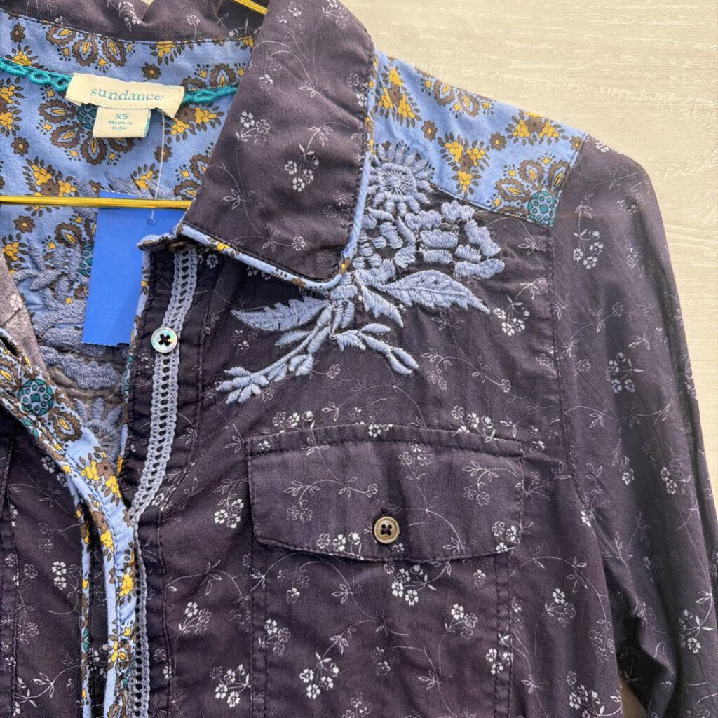 Sundance Navy Print Long Sleeve Button Down Top Extra Small