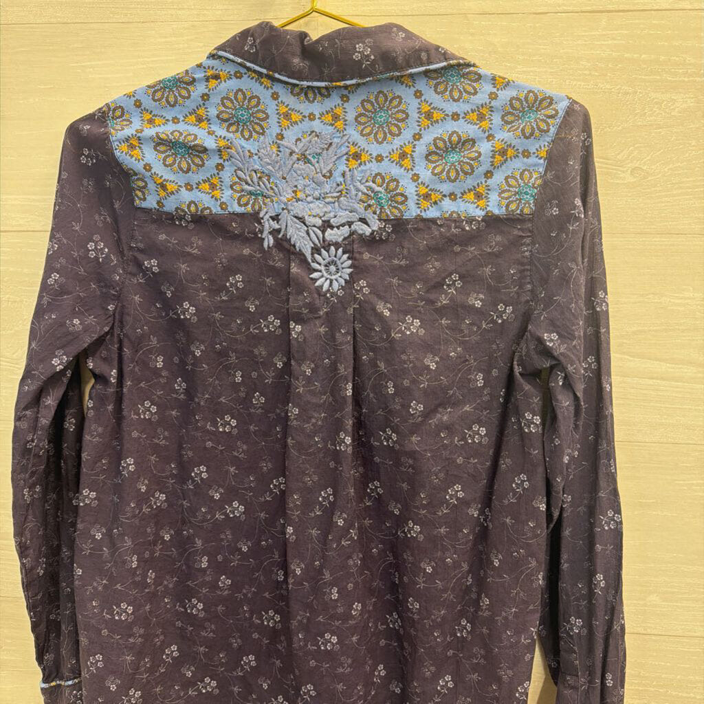 Sundance Navy Print Long Sleeve Button Down Top Extra Small