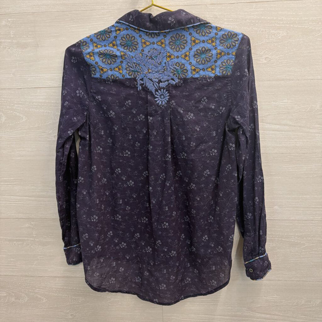 Sundance Navy Print Long Sleeve Button Down Top Extra Small