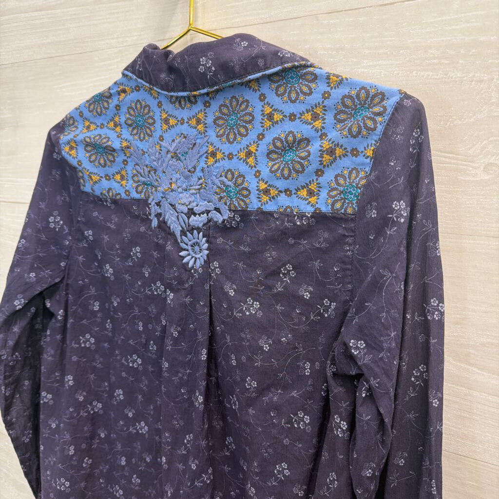 Sundance Navy Print Long Sleeve Button Down Top Extra Small