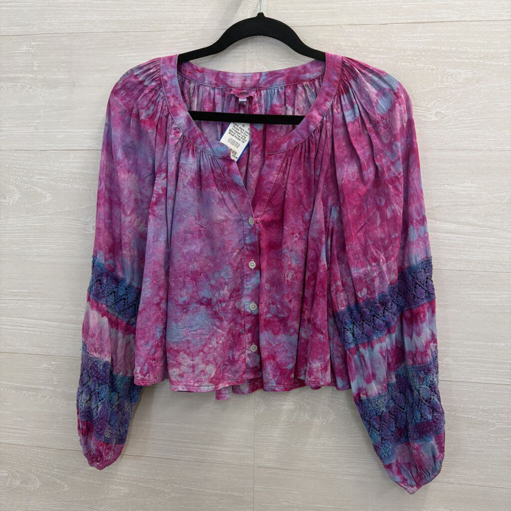 Aerie Purple Tie Dye Cropped Long Sleeve Top Extra Small