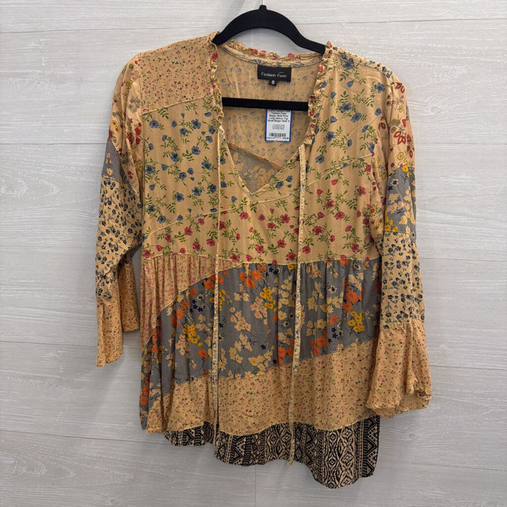 Fashion Fuse Beige/ Multi Print Long Sleeve Top Small