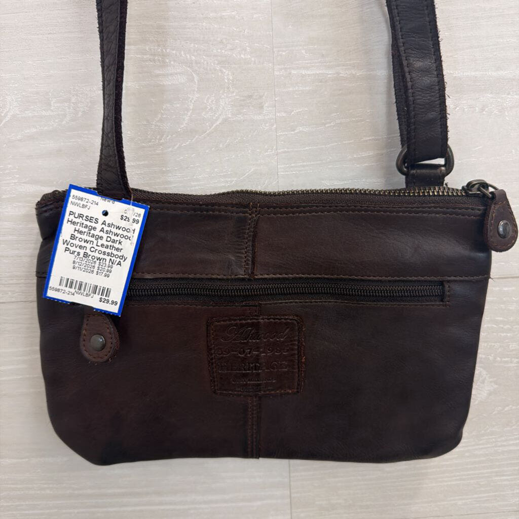 Ashwood Heritage Dark Brown Leather Woven Crossbody Purs