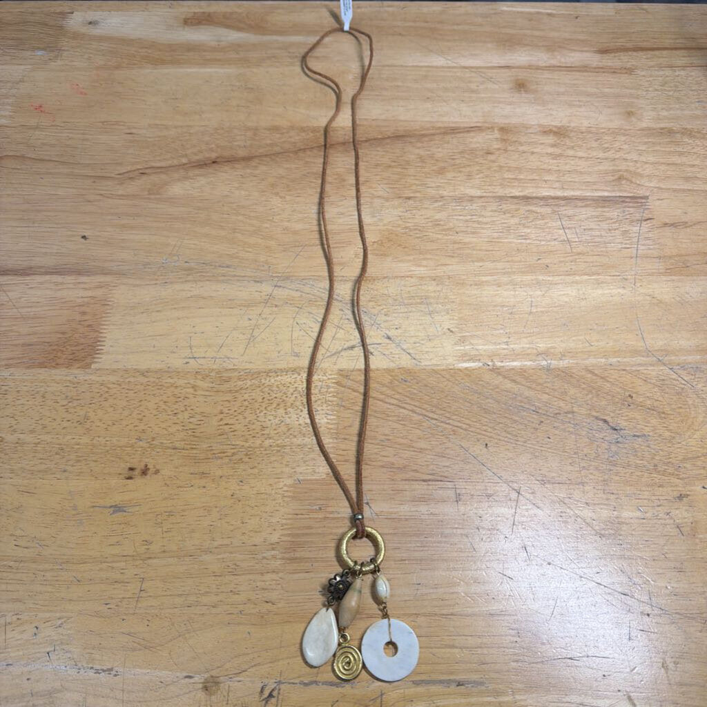 Brown Leather Long Charm Necklace