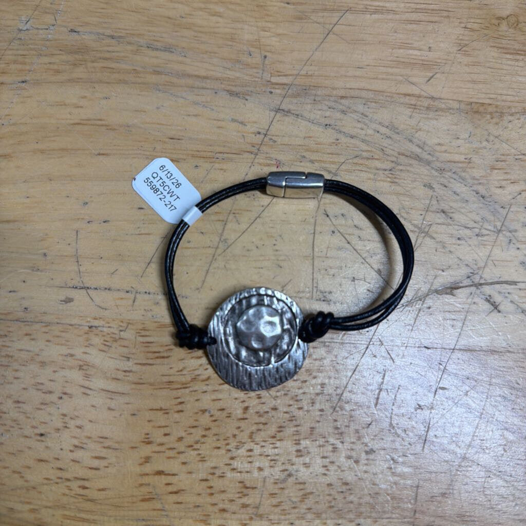 Black Coated Leather Silver Circle Bracelet