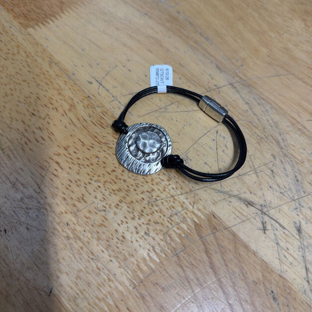 Black Coated Leather Silver Circle Bracelet
