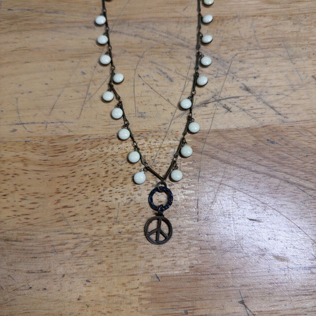 Bronze/ White Beaded Dangle Peace Sign Necklace