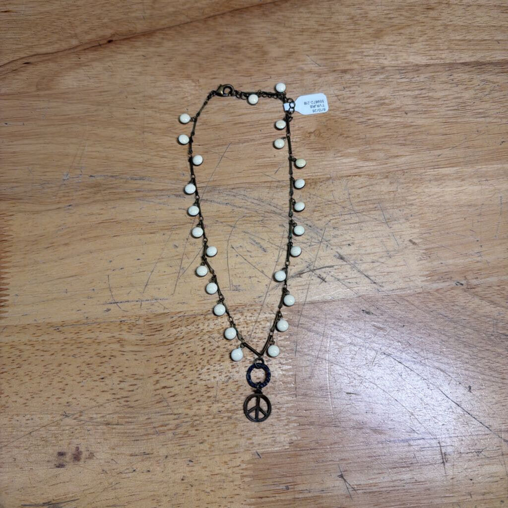 Bronze/ White Beaded Dangle Peace Sign Necklace