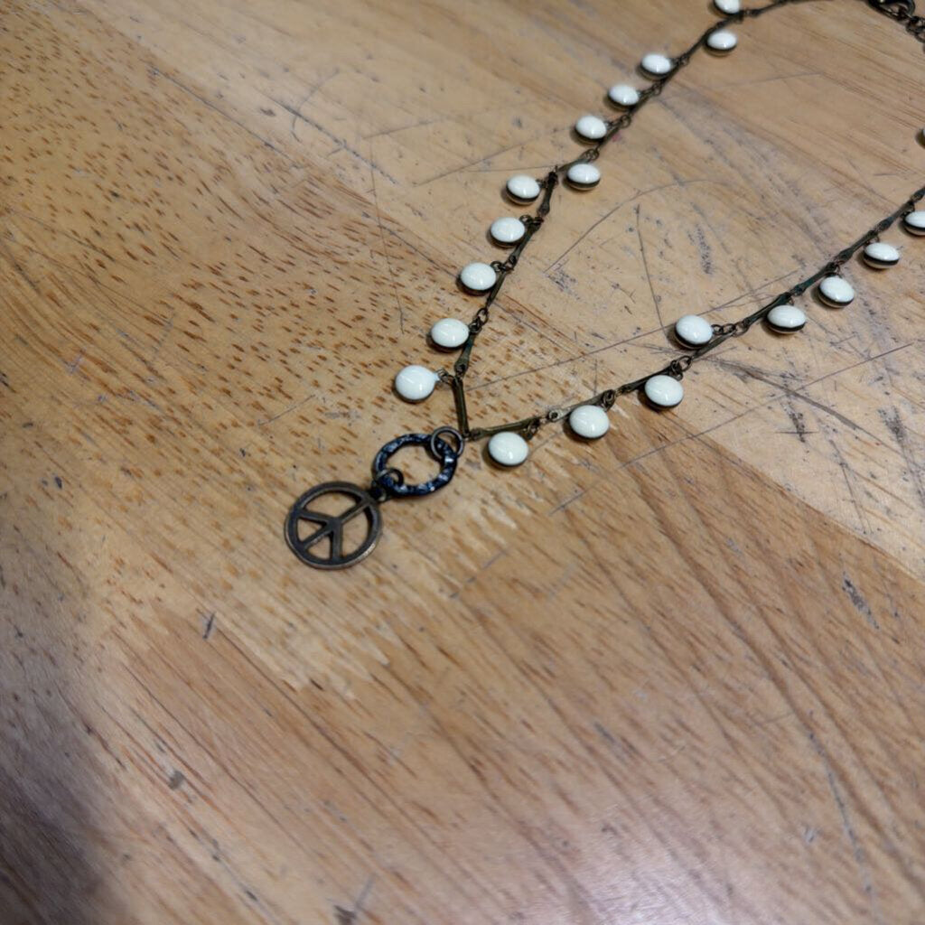 Bronze/ White Beaded Dangle Peace Sign Necklace