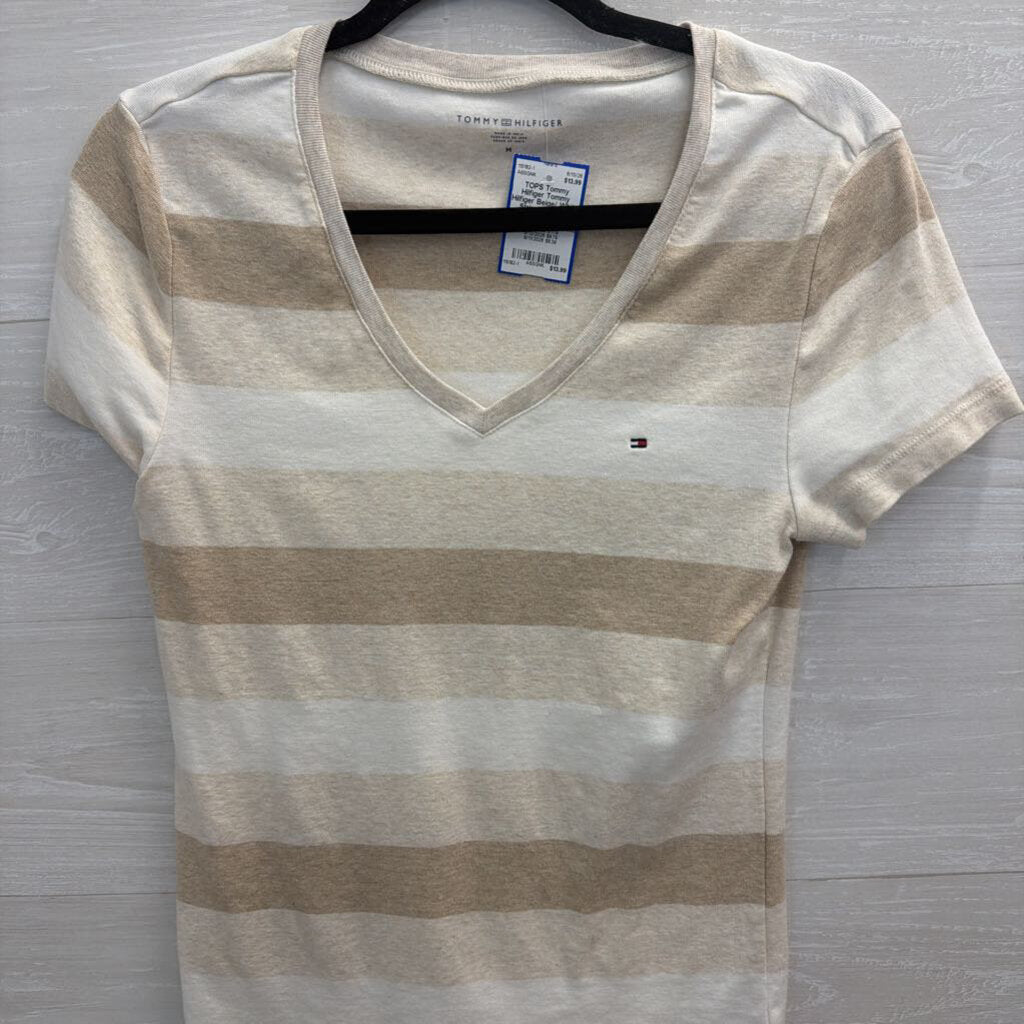 Tommy Hilfiger Beige/ White Striped V Neck Short Sleeve Top Medium