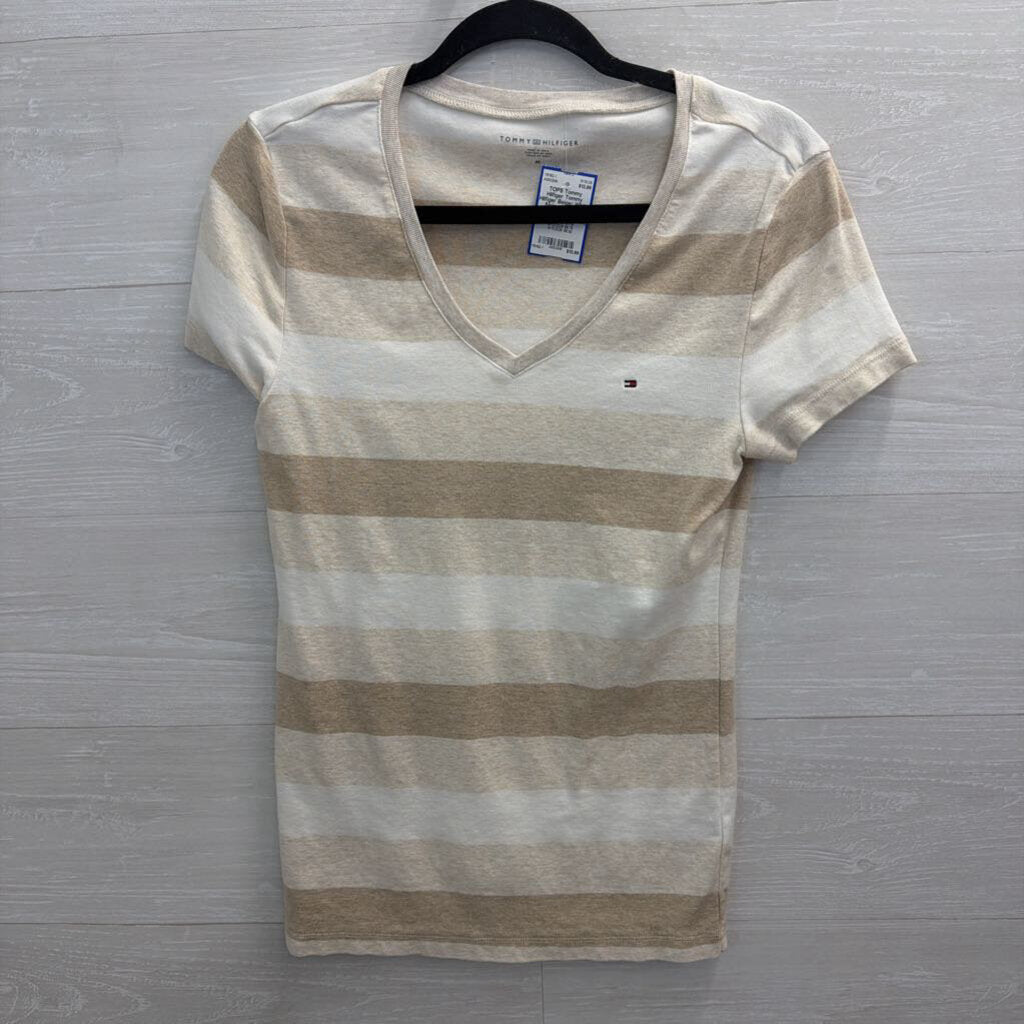 Tommy Hilfiger Beige/ White Striped V Neck Short Sleeve Top Medium