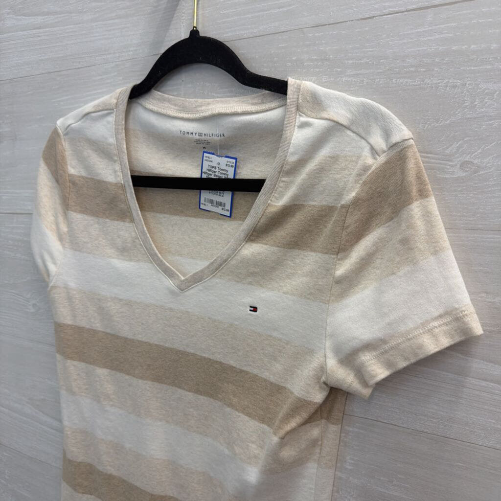 Tommy Hilfiger Beige/ White Striped V Neck Short Sleeve Top Medium