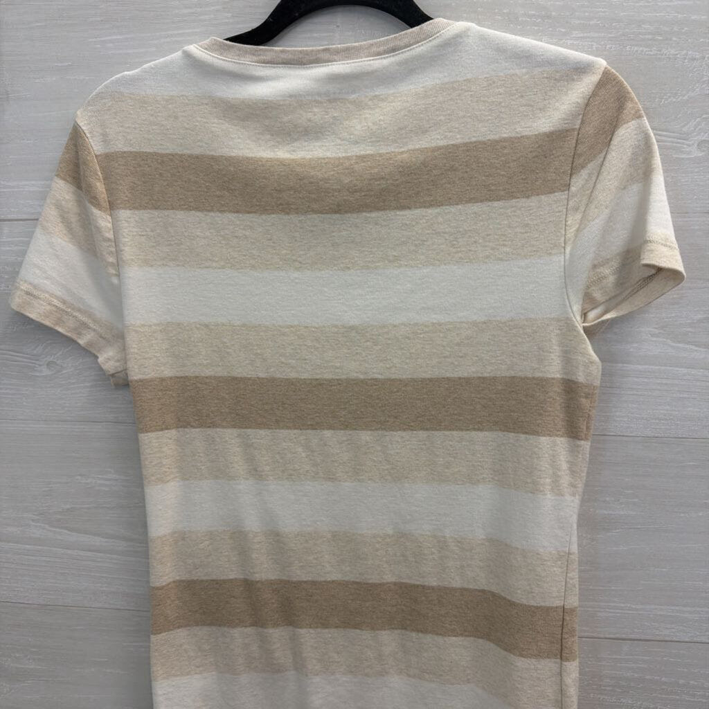 Tommy Hilfiger Beige/ White Striped V Neck Short Sleeve Top Medium