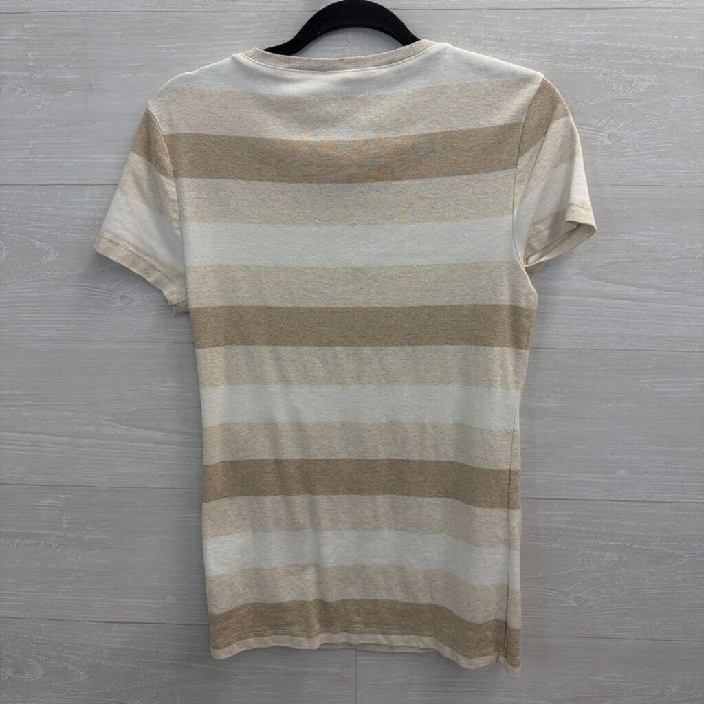Tommy Hilfiger Beige/ White Striped V Neck Short Sleeve Top Medium