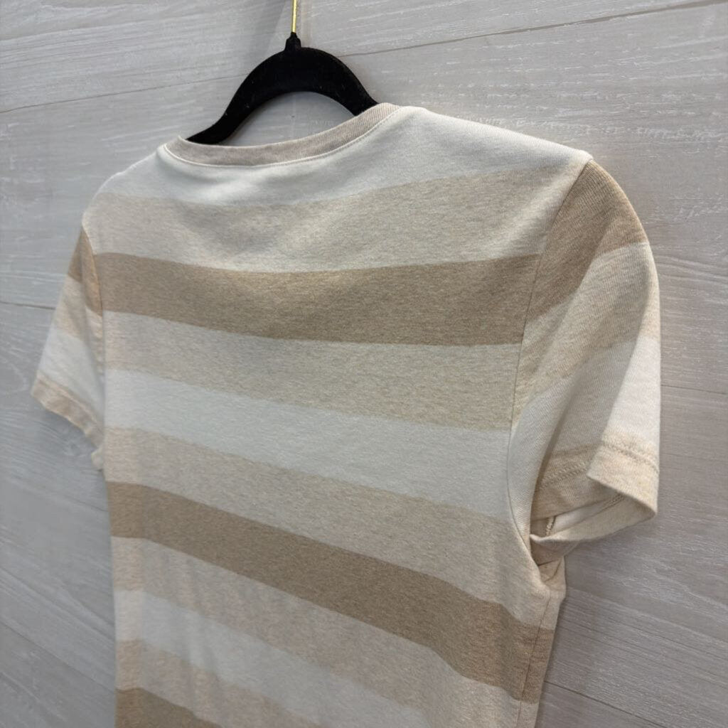 Tommy Hilfiger Beige/ White Striped V Neck Short Sleeve Top Medium