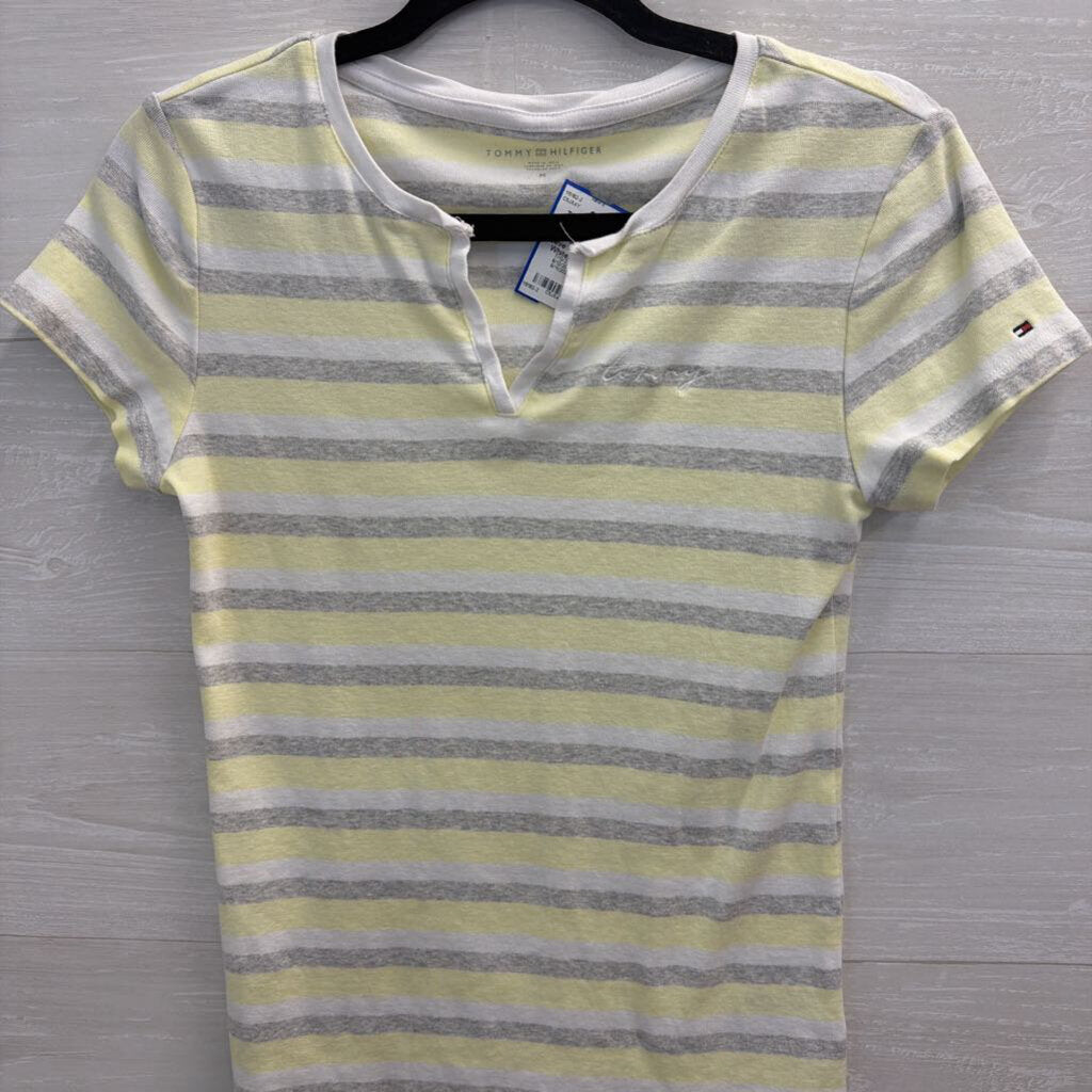 Tommy Hilfiger White/ Grey/ Yellow Striped Short Sleeve Top Medium