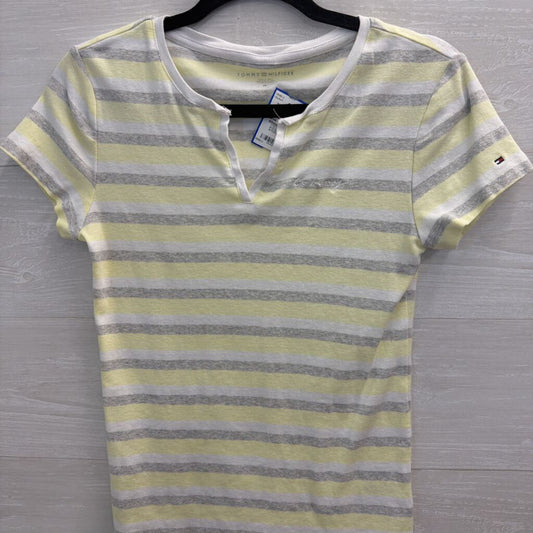 Tommy Hilfiger White/ Grey/ Yellow Striped Short Sleeve Top Medium