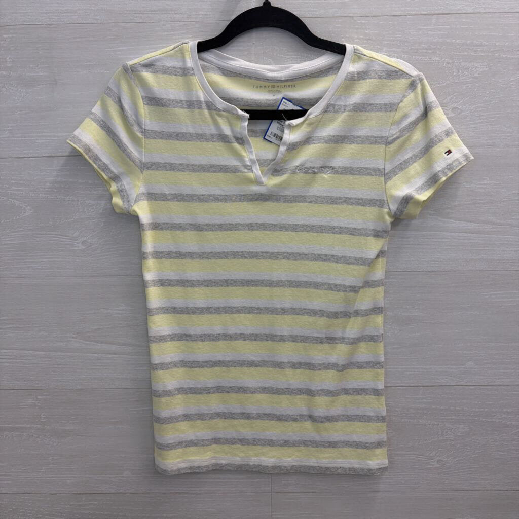 Tommy Hilfiger White/ Grey/ Yellow Striped Short Sleeve Top Medium