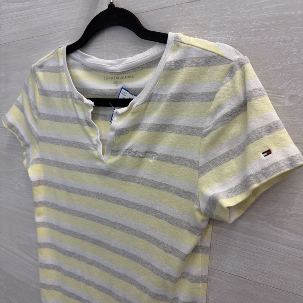 Tommy Hilfiger White/ Grey/ Yellow Striped Short Sleeve Top Medium