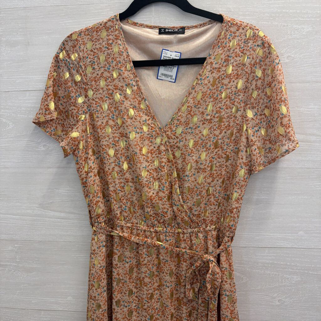 Blush/ Multi Floral Print Metallic Gold Dot Short Sleeve Midi Dress Medium