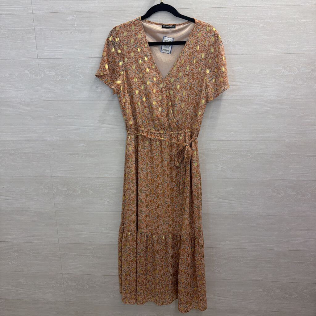 Blush/ Multi Floral Print Metallic Gold Dot Short Sleeve Midi Dress Medium
