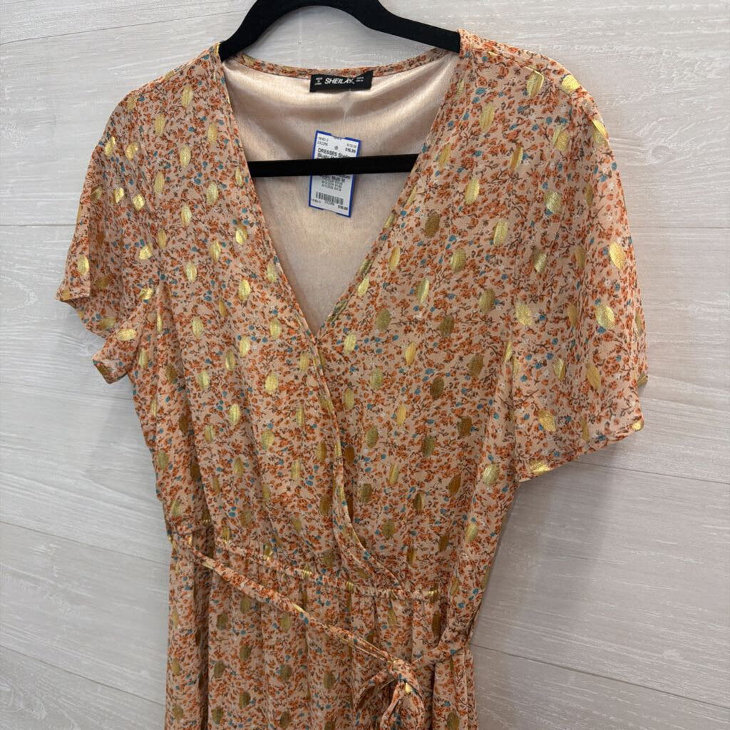 Blush/ Multi Floral Print Metallic Gold Dot Short Sleeve Midi Dress Medium