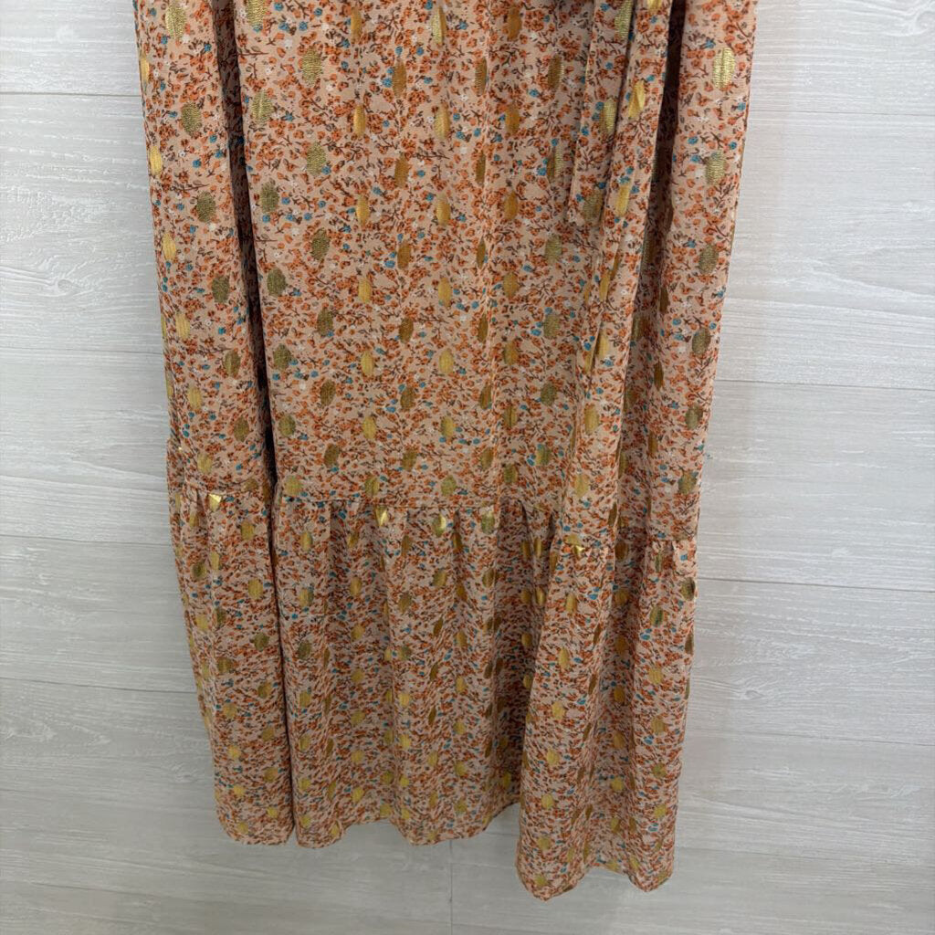 Blush/ Multi Floral Print Metallic Gold Dot Short Sleeve Midi Dress Medium