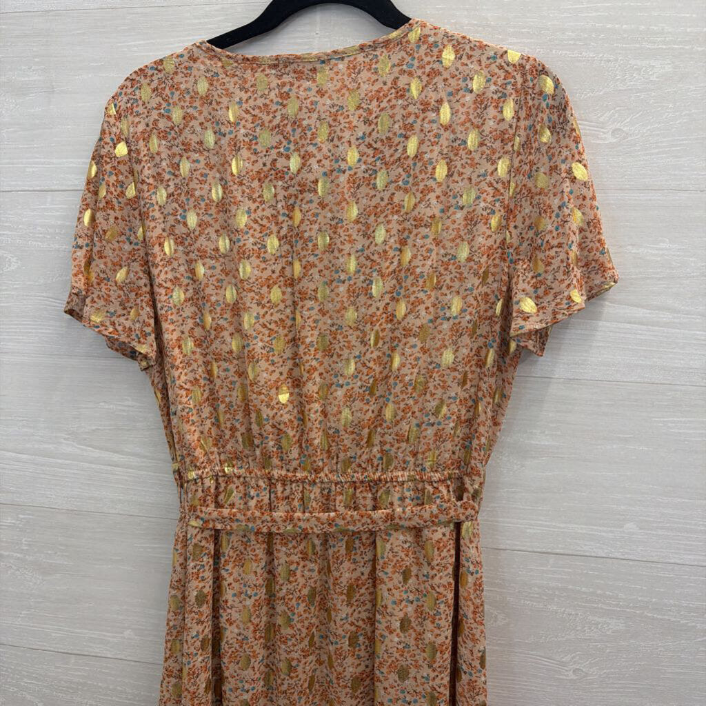 Blush/ Multi Floral Print Metallic Gold Dot Short Sleeve Midi Dress Medium