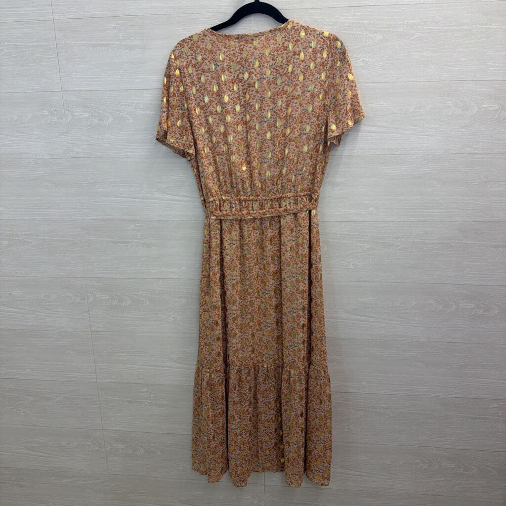 Blush/ Multi Floral Print Metallic Gold Dot Short Sleeve Midi Dress Medium