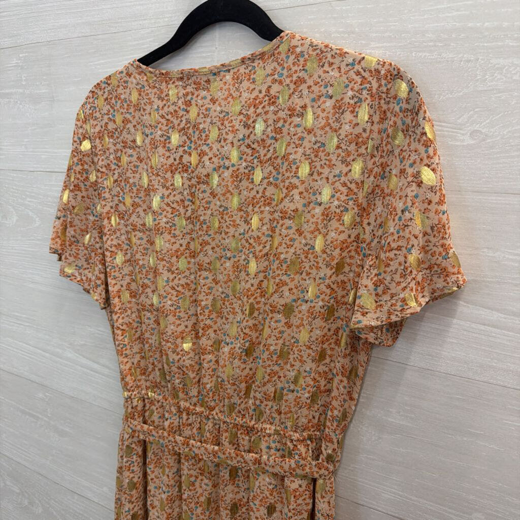 Blush/ Multi Floral Print Metallic Gold Dot Short Sleeve Midi Dress Medium