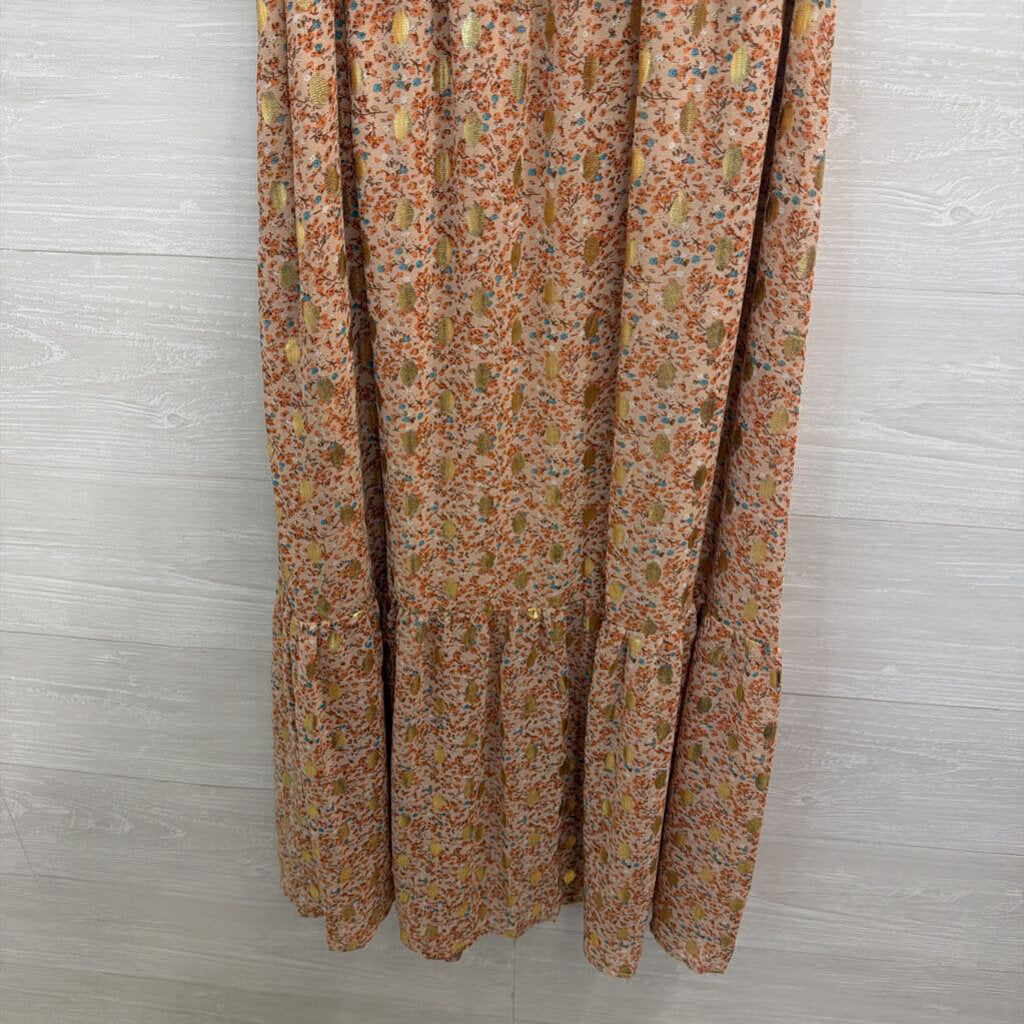 Blush/ Multi Floral Print Metallic Gold Dot Short Sleeve Midi Dress Medium