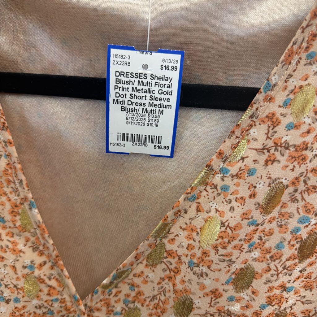 Blush/ Multi Floral Print Metallic Gold Dot Short Sleeve Midi Dress Medium
