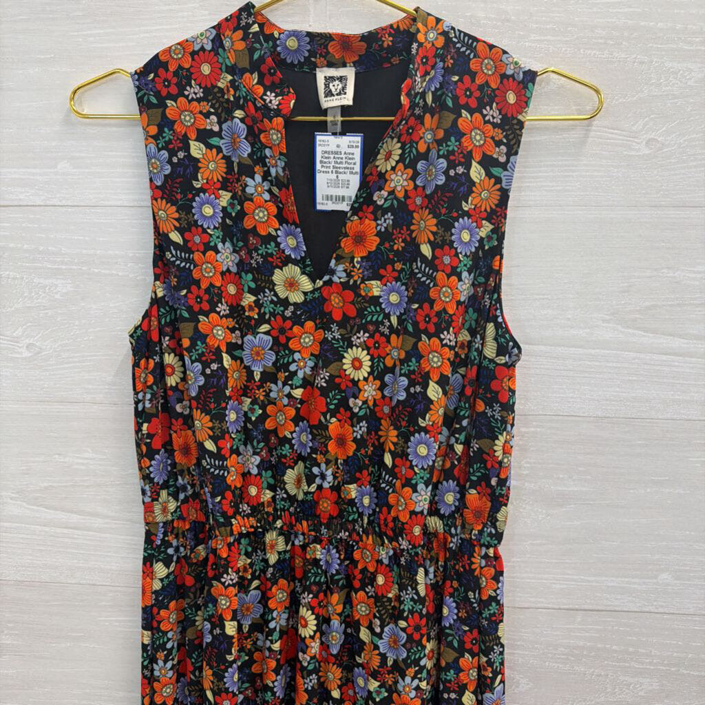 Anne Klein Black/ Multi Floral Print Sleeveless Dress 6