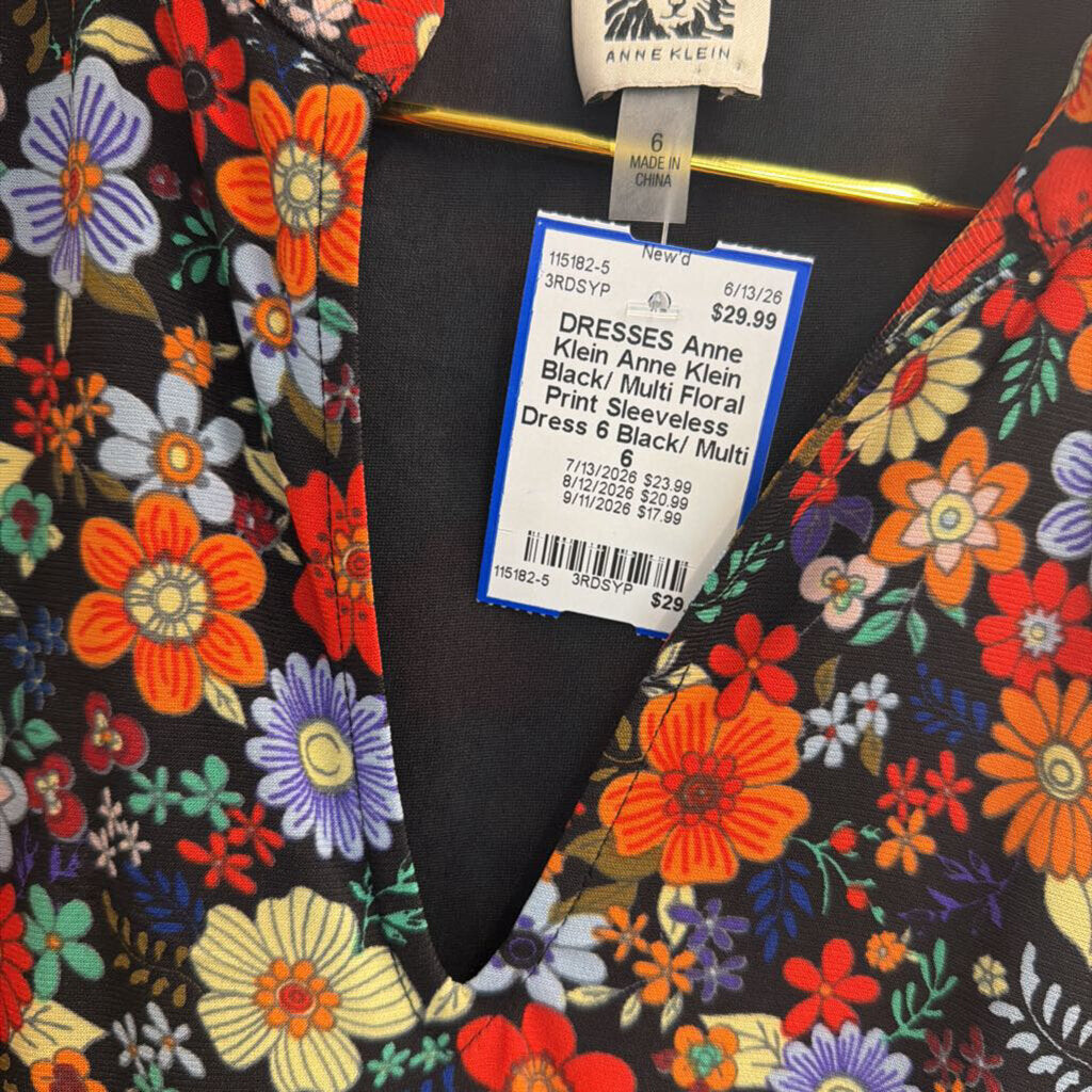 Anne Klein Black/ Multi Floral Print Sleeveless Dress 6