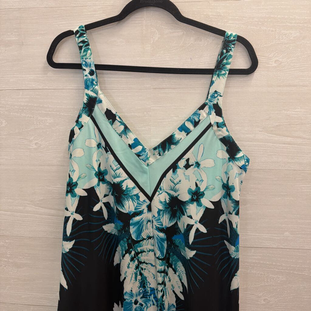 Blue/ White Print Silky Sleeveless Dress Medium