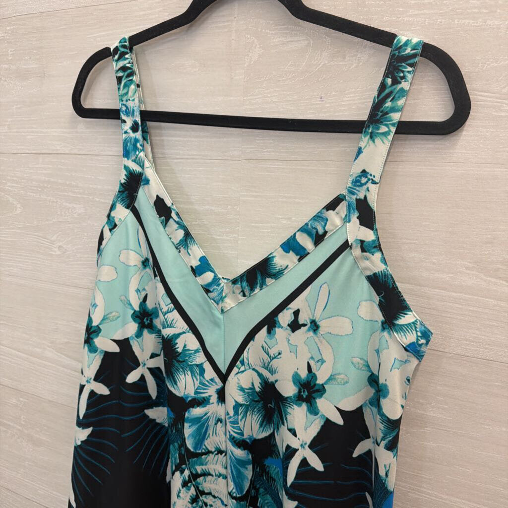 Blue/ White Print Silky Sleeveless Dress Medium