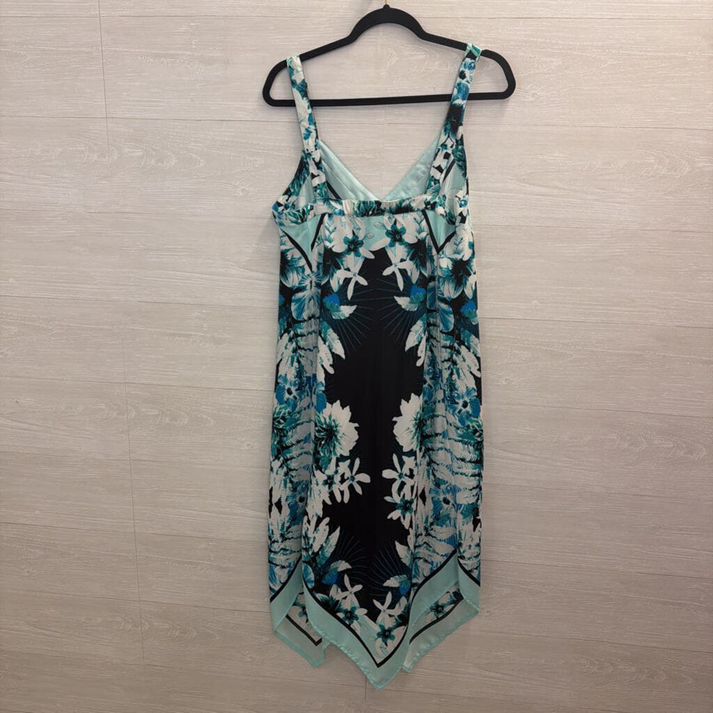 Blue/ White Print Silky Sleeveless Dress Medium