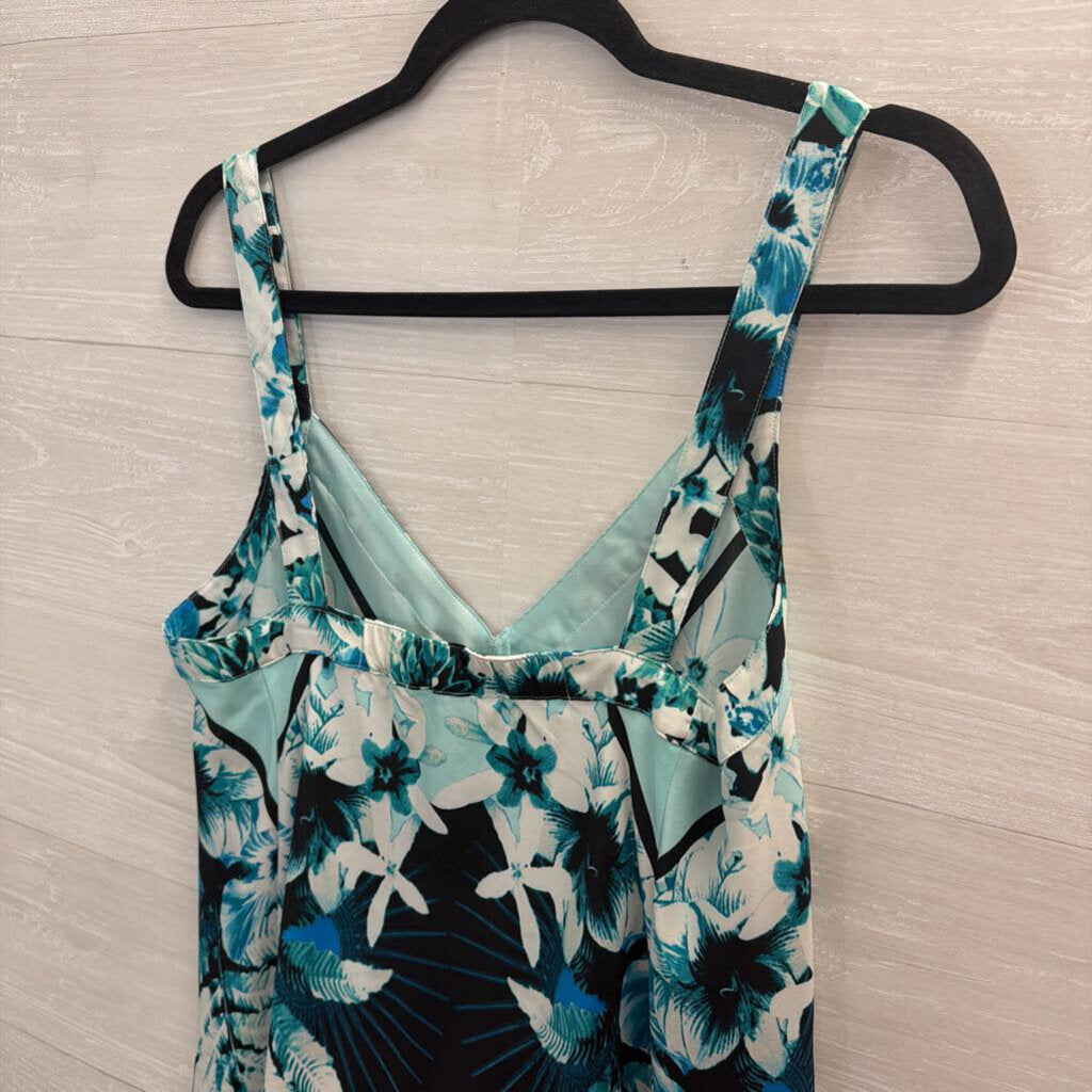 Blue/ White Print Silky Sleeveless Dress Medium