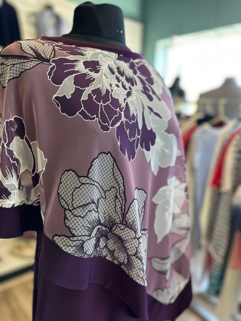 R and M Richards Purple Print Cape Top Short Formal Dress 8