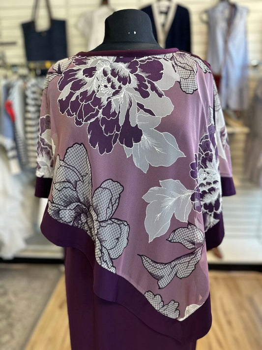 R and M Richards Purple Print Cape Top Short Formal Dress 8