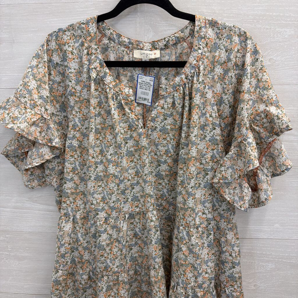 Umgee White/ Blue Floral Print Short Sleeve Top 1XL