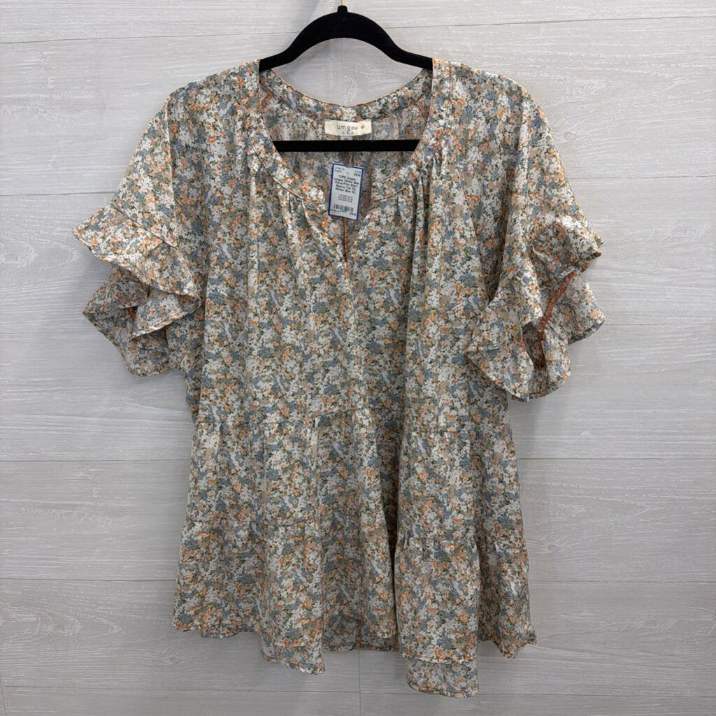 Umgee White/ Blue Floral Print Short Sleeve Top 1XL